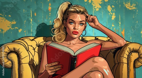Pop art: Woman with hot body reading book on chair.