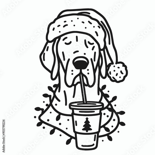  Grwith Dane Dog with santa claus hat tangled wrap around with Christmas lights. Drinking Coffee in Holiday Party Cute Doodle Cartoon Line Art Vector Clipart  