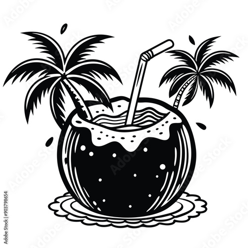 A vivid and lively illustration of a coconut on a beach, designed to be printed on a T-shirt.