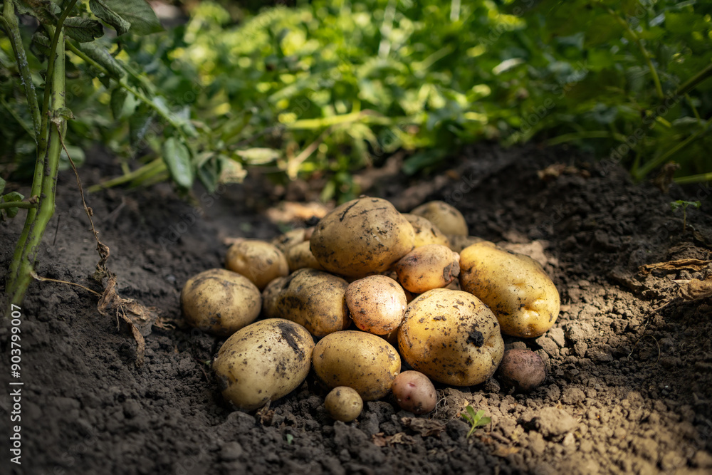 The concept of growing food. Fresh organic new potatoes in a farmer's field. A rich harvest of tubers on the ground The concept of growing food. Fresh organic new potatoes in a farmer's field. A rich harvest of tubers on the ground