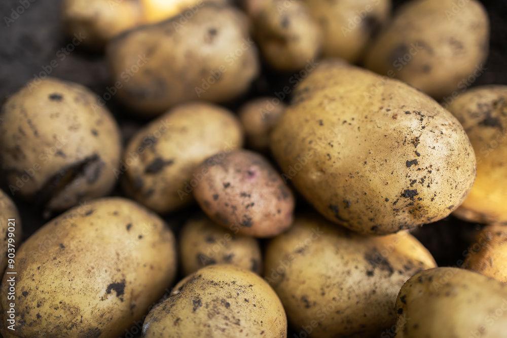 The concept of growing food. Fresh organic new potatoes in a farmer's field. A rich harvest of tubers on the ground The concept of growing food. Fresh organic new potatoes in a farmer's field. A rich harvest of tubers on the ground