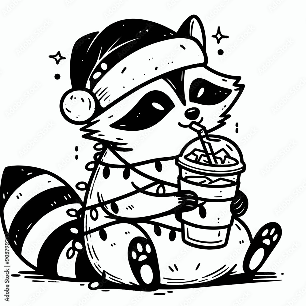 Raccoon with santa claus hat tangled wrap around with Christmas lights. Drinking Coffee in Holiday Party Cute Doodle Cartoon Line Art Vector Clipart Raccoon with santa claus hat tangled wrap around with Christmas lights. Drinking Coffee in Holiday Party Cute Doodle Cartoon Line Art Vector Clipart