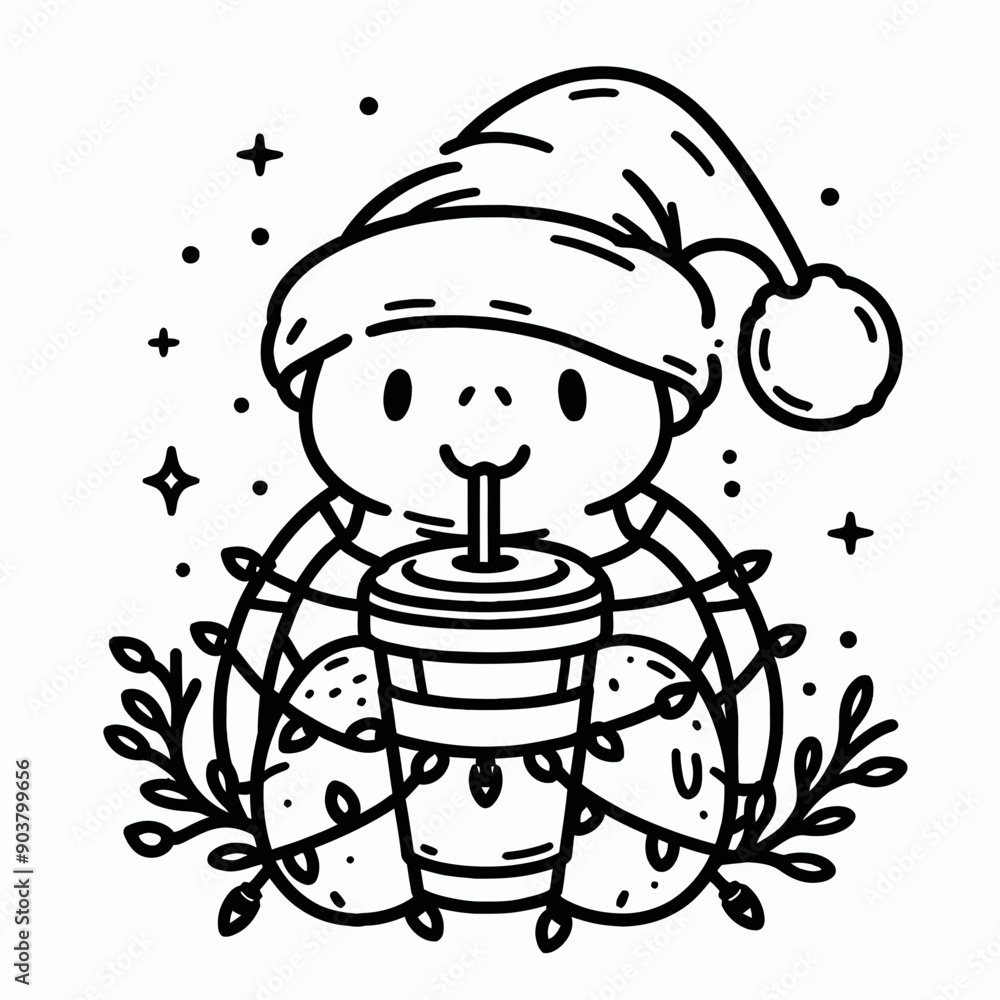 Turtle with santa claus hat tangled wrap around with Christmas lights. Drinking Coffee in Holiday Party Cute Doodle Cartoon Line Art Vector Clipart Turtle with santa claus hat tangled wrap around with Christmas lights. Drinking Coffee in Holiday Party Cute Doodle Cartoon Line Art Vector Clipart