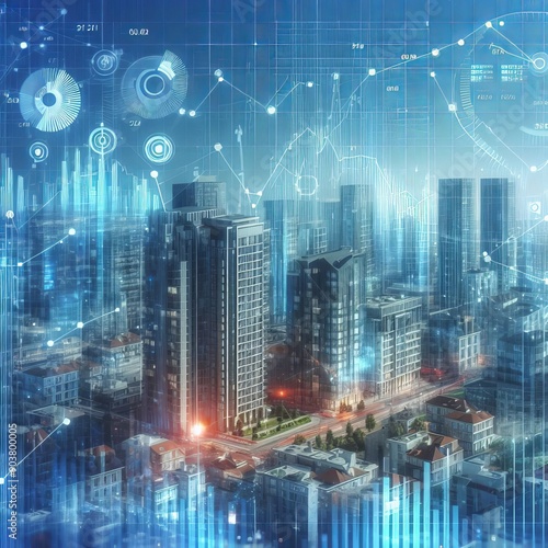 Abstract image of buildings overlaid with financial data graphs, symbolizing real estate market analysis on a blue background