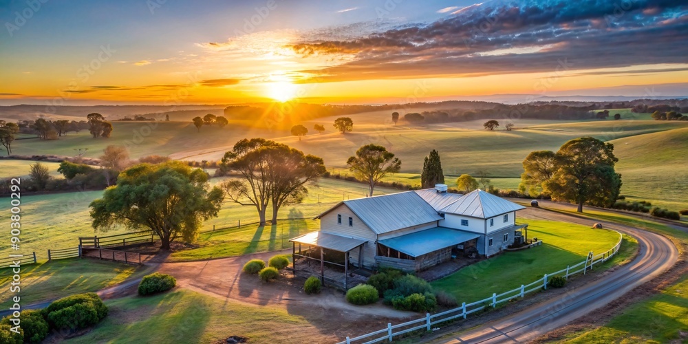 custom made wallpaper toronto digitalGolden Hour at the Farmhouse. A picturesque countryside scene showcasing a charming homestead bathed in the warm golden glow of the setting sun.