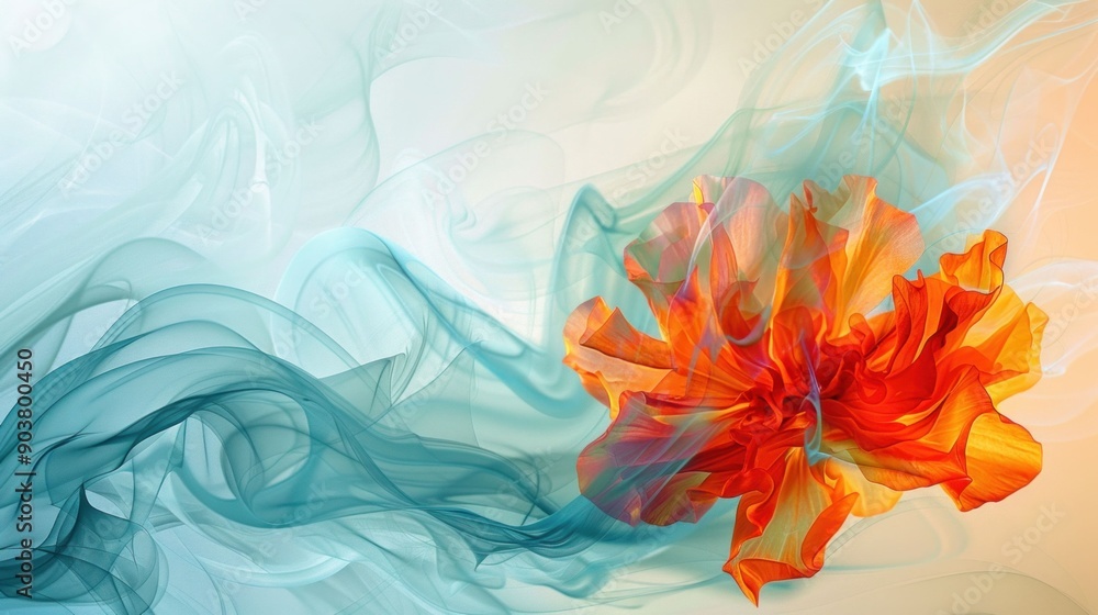 Abstract flower design with vibrant orange hues blending into soft blue smoke on a light background Abstract flower design with vibrant orange hues blending into soft blue smoke on a light background