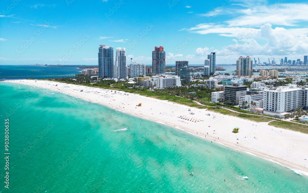 Miami Beach, South Beach, Florida, USA. Miami seaside. Aerial view of Miami Beach and cityscape. Coastline of Miami Beach shot from the air drone. Miami Beach, South Beach, Florida, USA. Miami seaside. Aerial view of Miami Beach and cityscape. Coastline of Miami Beach shot from the air drone.