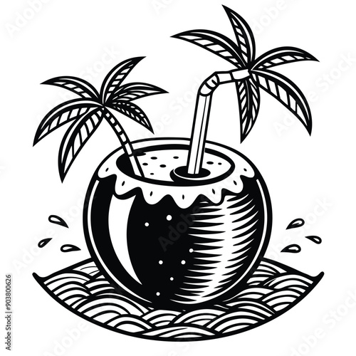 A vivid and lively illustration of a coconut on a beach, designed to be printed on a T-shirt.