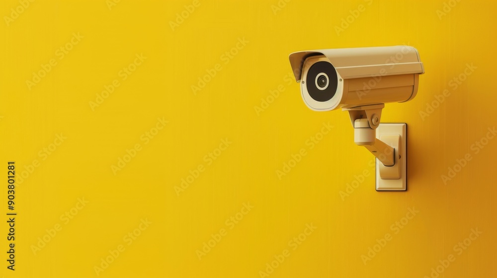 Wall security camera on yellow background with text area, Copy space. Outdoor video surveillance Wall security camera on yellow background with text area, Copy space. Outdoor video surveillance
