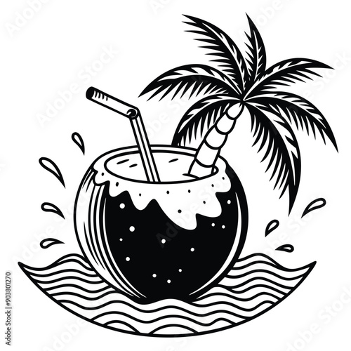 A vivid and lively illustration of a coconut on a beach, designed to be printed on a T-shirt.