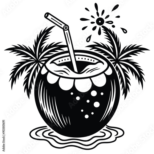 A vivid and lively illustration of a coconut on a beach, designed to be printed on a T-shirt.