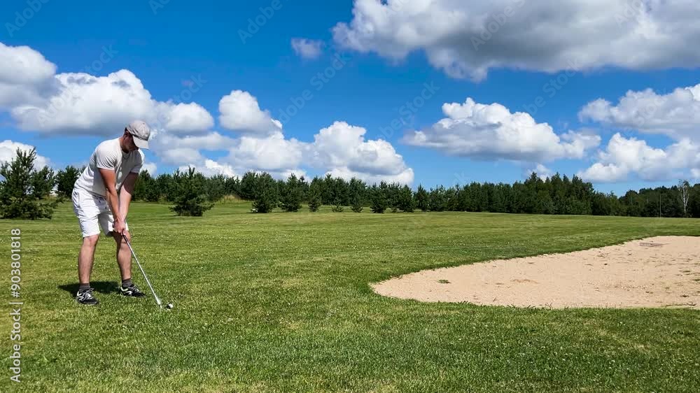 Professional golf player prepare near sand bunker, scenic summer sky, Latvia Professional golf player prepare near sand bunker, scenic summer sky, Latvia