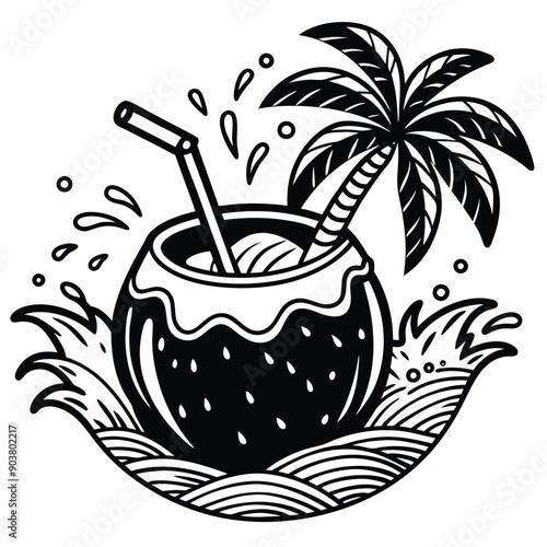 A vivid and lively illustration of a coconut on a beach, designed to be printed on a T-shirt.