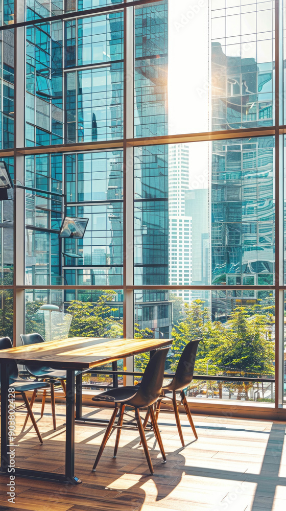 A spacious office with a long table, chairs, and sunlight streaming through large windows showcasing the skyline A spacious office with a long table, chairs, and sunlight streaming through large windows showcasing the skyline