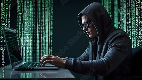 Hacker wearing a black jacket phishing others important data and information by dark web