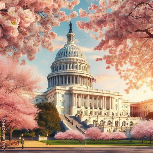 Capitol building in blossom tree. Spring Capitol hill, Washington DC. Capitols dome in spring. United States capitol building in spring. Congress during the spring cherry blossom season. 