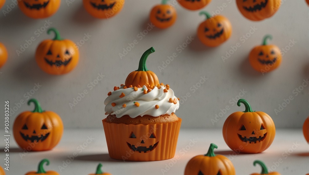 A vibrant Halloween cupcake topped with a pumpkin sits amid playful miniature pumpkins against a neutral backdrop A vibrant Halloween cupcake topped with a pumpkin sits amid playful miniature pumpkins against a neutral backdrop