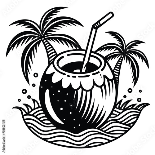 A vivid and lively illustration of a coconut on a beach, designed to be printed on a T-shirt.
