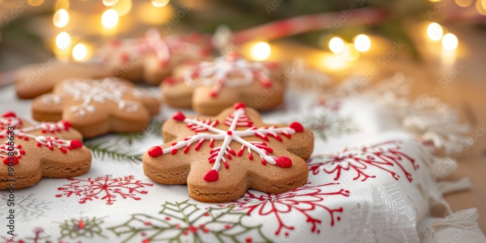 Festive gingerbread cookies with red and white icing on decorative tablecloth, Christmas lights bokeh background, holiday baking concept Festive gingerbread cookies with red and white icing on decorative tablecloth, Christmas lights bokeh background, holiday baking concept