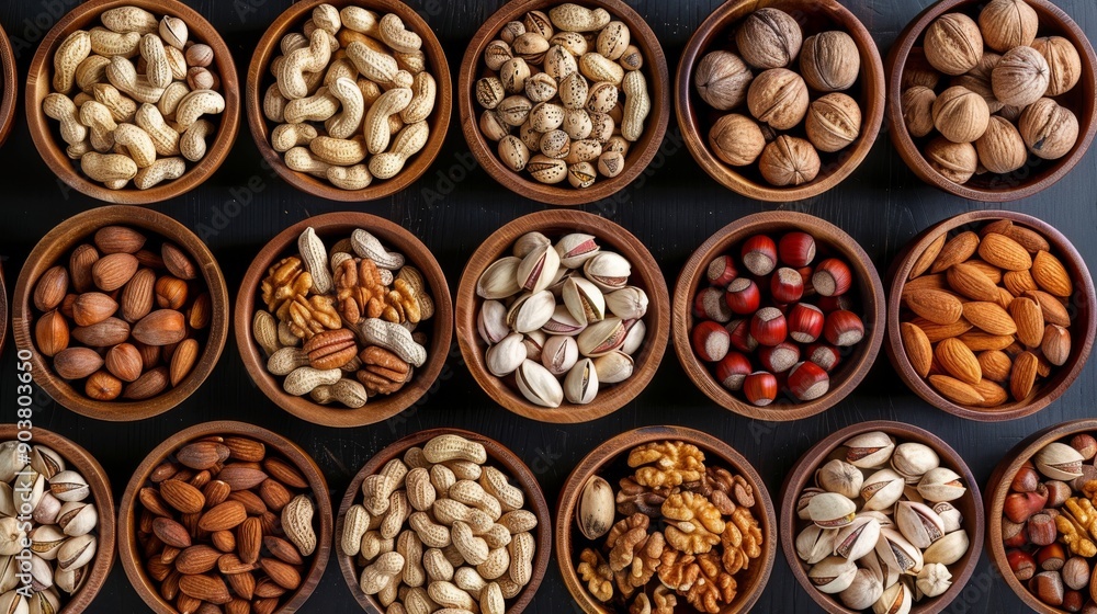 Assorted mixed nuts wooden bowls top view . Assorted mixed nuts wooden bowls top view .