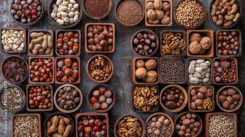 Assorted mixed nuts wooden bowls top view .