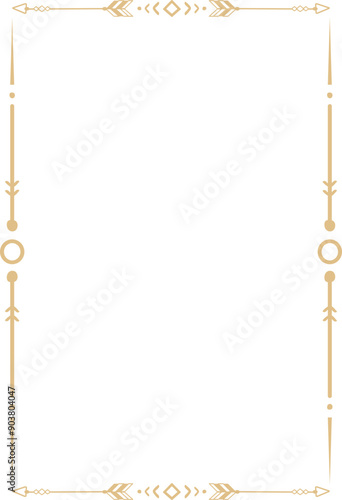 Gold frame set with tribal native indian arrow, ornament. Border thin line divider decoration with feather, simple motif.