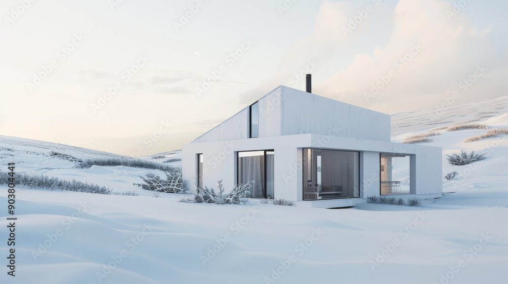 A cozy modern cabin with large windows sits amid a tranquil snowy landscape at dusk, offering a serene atmosphere and scenic winter views. A cozy modern cabin with large windows sits amid a tranquil snowy landscape at dusk, offering a serene atmosphere and scenic winter views.