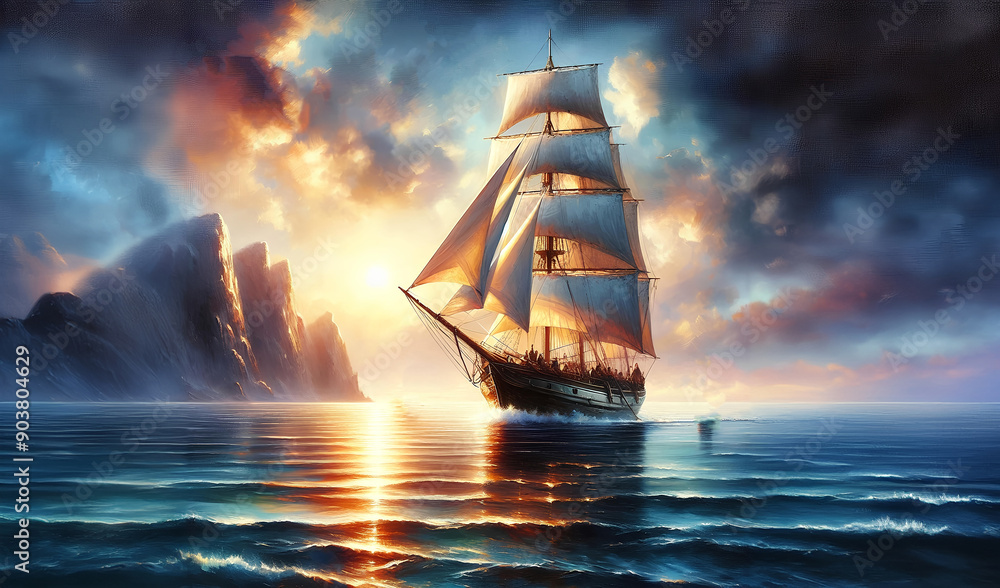Fototapeta premium Watercolor painting of a tall sailboat sailing on the ocean