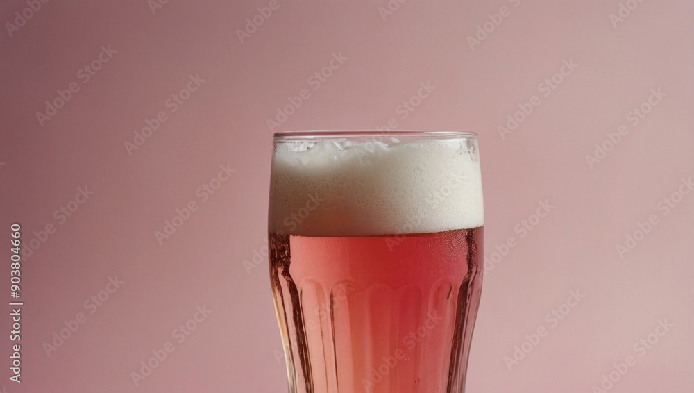 A chilled beverage with a frothy white head is presented in a tall glass, capturing a vibrant pink hue, golden hour, copy space A chilled beverage with a frothy white head is presented in a tall glass, capturing a vibrant pink hue, golden hour, copy space