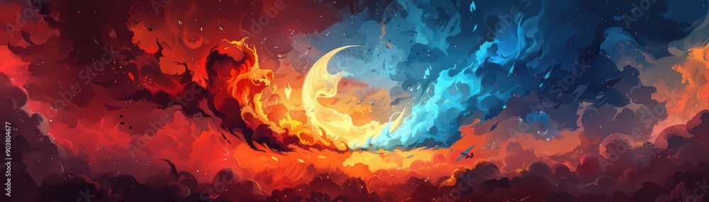Vibrant abstract painting with red and blue hues blending in a cosmic swirl, featuring a crescent moon in the center. Vibrant abstract painting with red and blue hues blending in a cosmic swirl, featuring a crescent moon in the center.