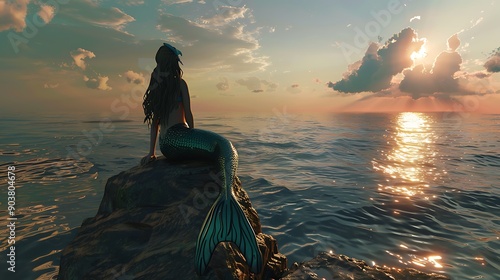 A mermaid sits on a rock, gazing out at a golden sunset over the ocean.