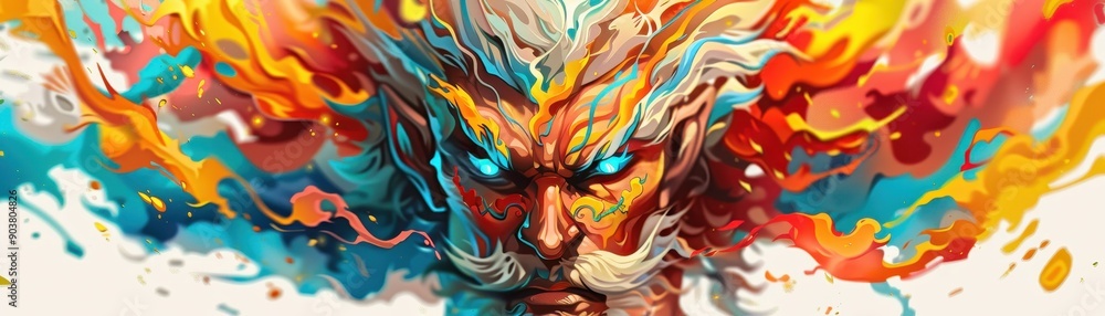 Vibrant artistic depiction of a mythological figure with fiery hair and a powerful gaze, blending abstract colors in a dynamic composition. Vibrant artistic depiction of a mythological figure with fiery hair and a powerful gaze, blending abstract colors in a dynamic composition.