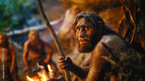 Group of early humans next to bonfire in a prehistoric forest. photo