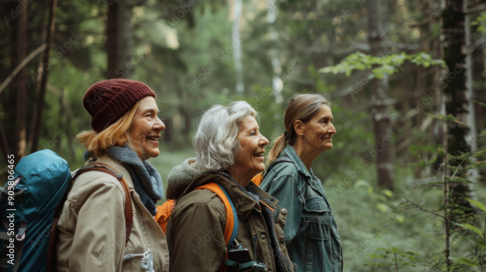 Three smiling older women hiking through a tranquil forest, sharing joy and adventure amidst towering trees and greenery. Three smiling older women hiking through a tranquil forest, sharing joy and adventure amidst towering trees and greenery.