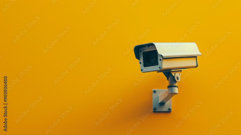 Wall security camera on yellow background with text area, Copy space. Outdoor video surveillance Wall security camera on yellow background with text area, Copy space. Outdoor video surveillance