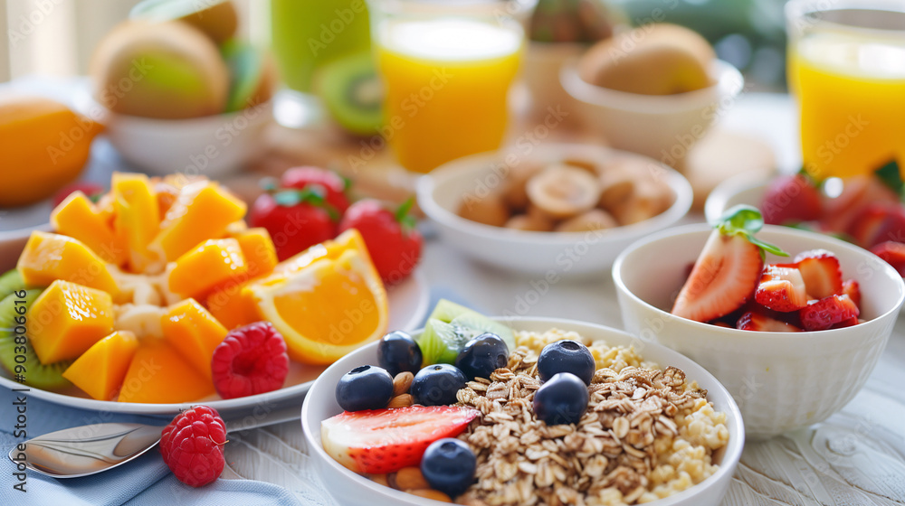 Healthy Breakfast Spread with Fresh Fruits and Granola Healthy Breakfast Spread with Fresh Fruits and Granola