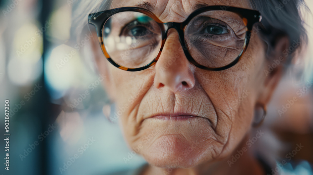 An elderly woman with glasses gazes forward, the lines on her face telling a story of wisdom and experience. An elderly woman with glasses gazes forward, the lines on her face telling a story of wisdom and experience.