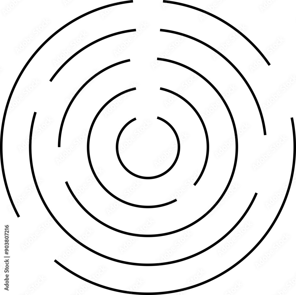 Concentric circles with broken lines isolated on white background. Vortex, sonar wave, soundwave, sunburst, signal signs.