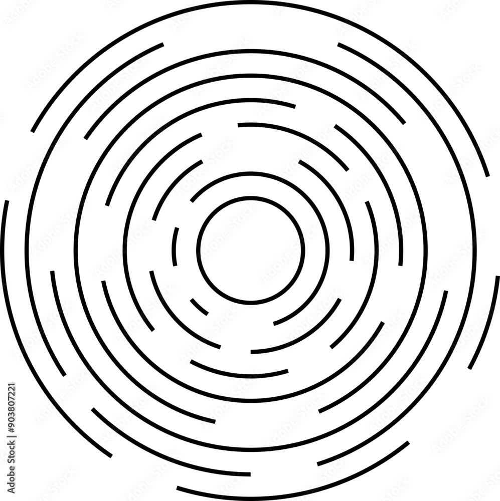 Concentric circles with broken lines isolated on white background. Vortex, sonar wave, soundwave, sunburst, signal signs. Concentric circles with broken lines isolated on white background. Vortex, sonar wave, soundwave, sunburst, signal signs.