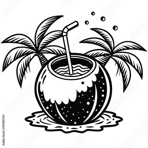 A vivid and lively illustration of a coconut on a beach, designed to be printed on a T-shirt.