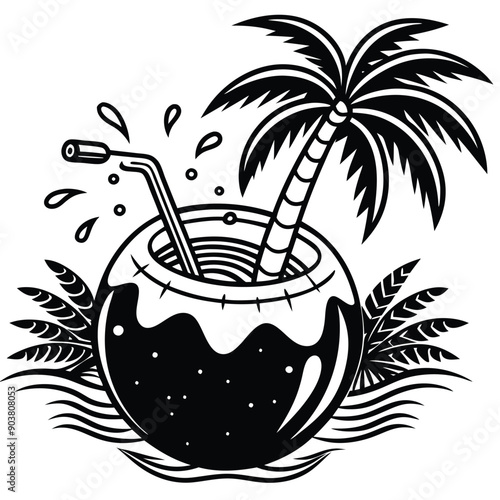 A vivid and lively illustration of a coconut on a beach, designed to be printed on a T-shirt.