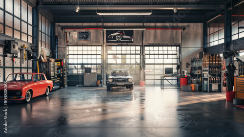 A spacious  sunlit garage houses classic cars  tools  and equipment  blending nostalgia with functionality in a bright open space.