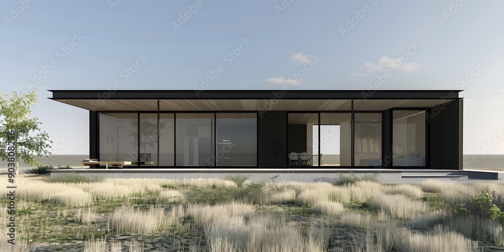 Modern Black House With Large Windows and Grass in Front Modern Black House With Large Windows and Grass in Front