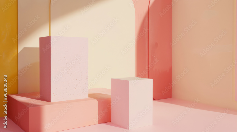 Geometric shapes and soft pastel hues create a harmonious minimalist scene with rectangular prisms casting shadows in a tranquil, modern space. Geometric shapes and soft pastel hues create a harmonious minimalist scene with rectangular prisms casting shadows in a tranquil, modern space.