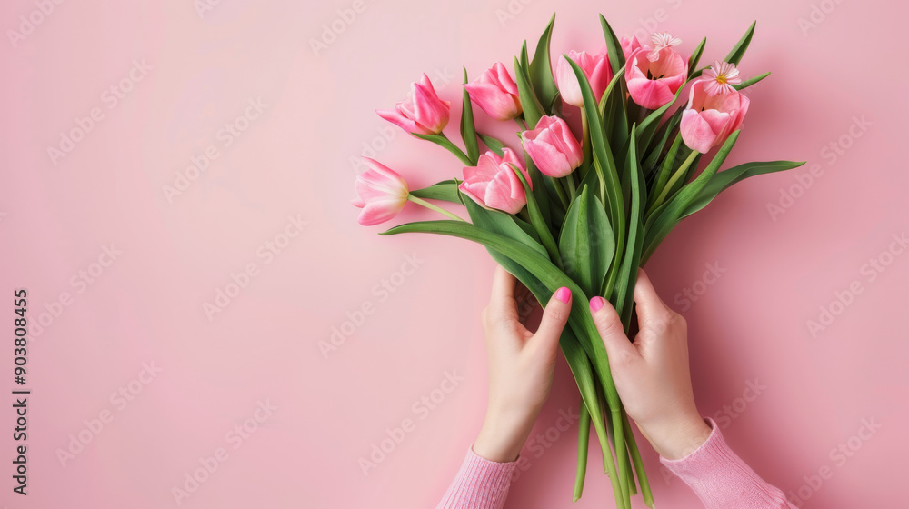 Elegant hands holding a bouquet of vibrant pink tulips against a soft pink background, symbolizing love and grace. Elegant hands holding a bouquet of vibrant pink tulips against a soft pink background, symbolizing love and grace.