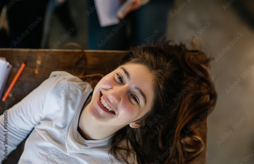 Happy girl lying on a desk with a smile in the classroom
Happy girl lying on a desk with a smile in the classroom