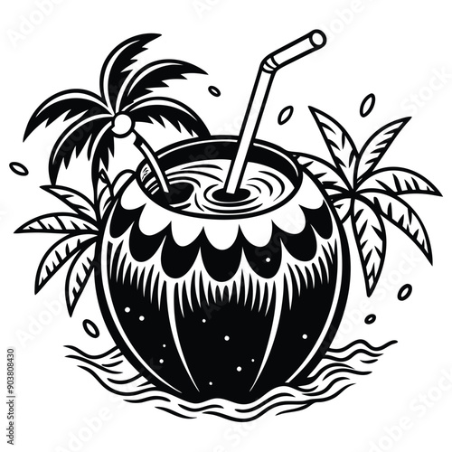 A vivid and lively illustration of a coconut on a beach, designed to be printed on a T-shirt.