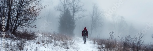 Wanderer in a Foggy Winter Landscape Panorama. Hiking in Cold Forest with Trees and Trail