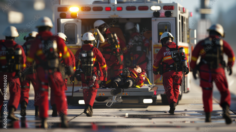 Naklejka premium Rescue workers in red uniforms carry an injured person into an ambulance, showcasing teamwork and the urgency of emergency response.