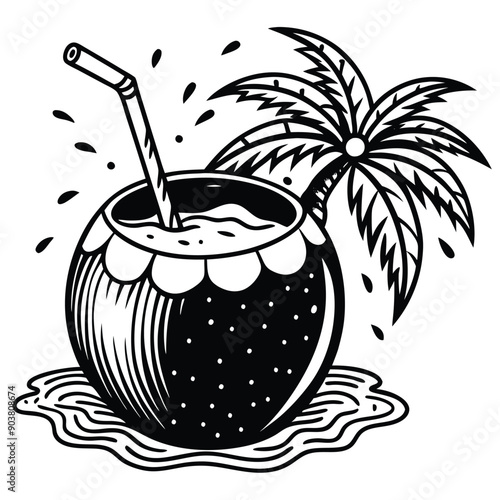 A vivid and lively illustration of a coconut on a beach, designed to be printed on a T-shirt.